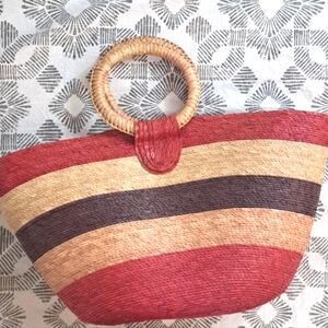 Braided straw striped Large tote circle handles red brown tan
